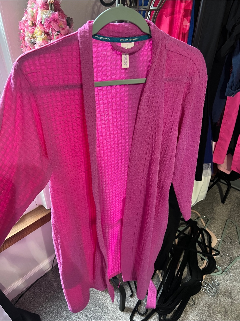 Women's Open-Front Pink Waffle-Knit robe